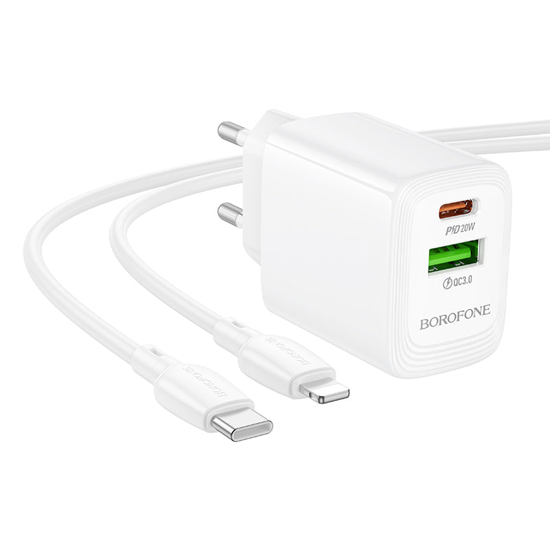 Nettlader med Lightning-kabel Borofone BN27 Fuente, 20W, 3A, 1 x USB-A - 1 x USB-C, Hvit