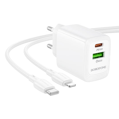 Nettlader med Lightning-kabel Borofone BN27 Fuente, 20W, 3A, 1 x USB-A - 1 x USB-C, Hvit