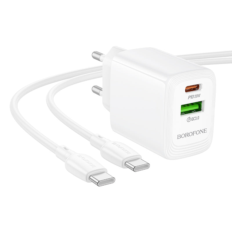 Nettlader med USB-C-kabel Borofone BN27 Fuente, 20W, 3A, 1 x USB-A - 1 x USB-C, Hvit