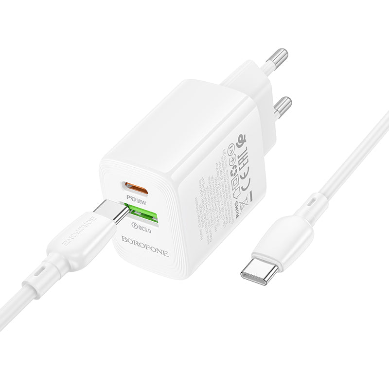 Nettlader med USB-C-kabel Borofone BN29 Fuente, 30W, 3A, 1 x USB-A - 1 x USB-C, Hvit