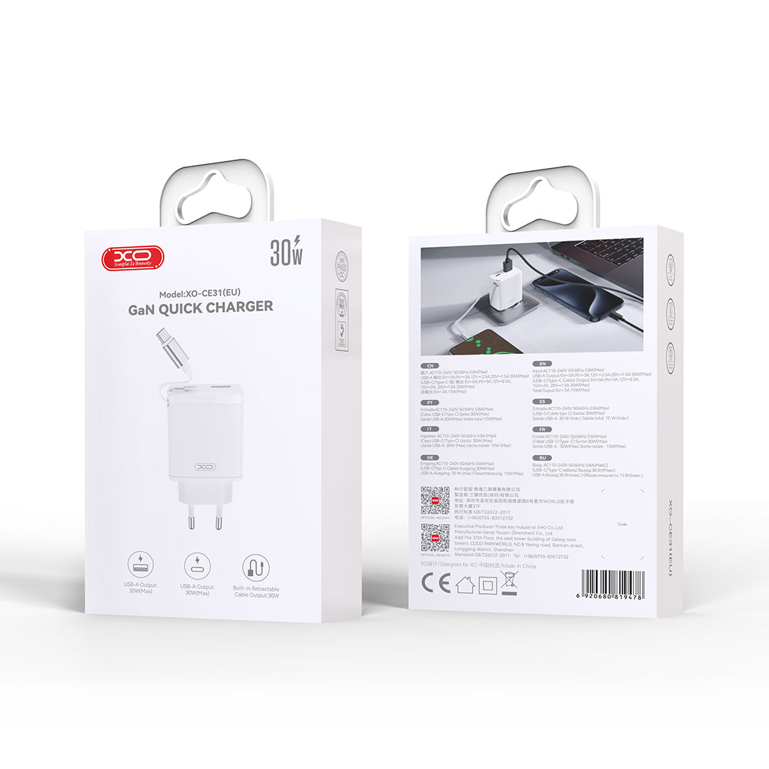 Nettlader med USB-C-kabel XO Design CE31, 30W, 3A, 1 x USB-A - 1 x USB-C, Hvit