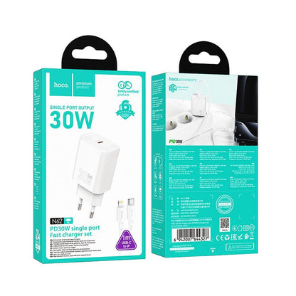 Nettlader med Lightning-kabel HOCO N62, 30W, 3A, 1 x USB-C, Hvit