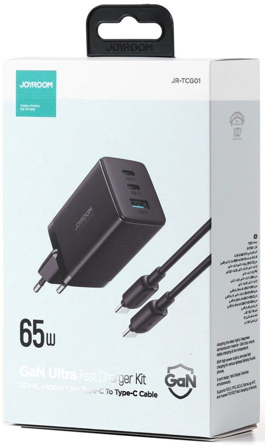Nettlader med USB-C-kabel Joyroom TCG01, 65W, 3.25A, 1 x USB-A - 2 x USB-C, Svart