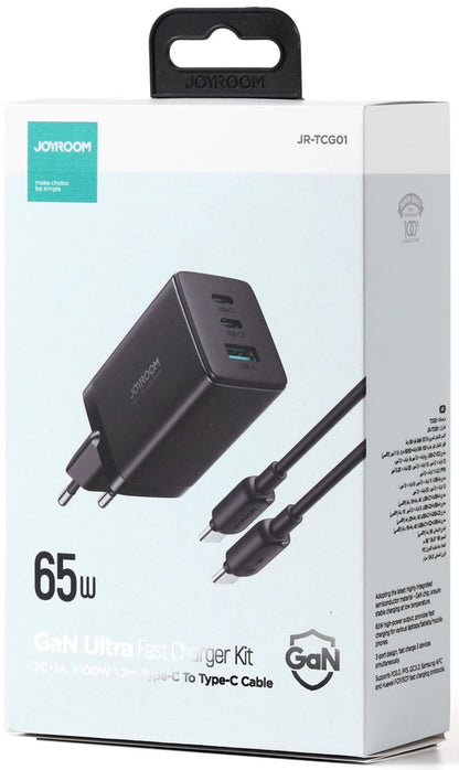 Nettlader med USB-C-kabel Joyroom TCG01, 65W, 3.25A, 1 x USB-A - 2 x USB-C, Svart