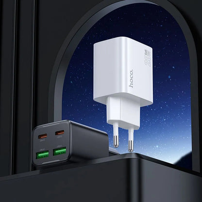 Nettlader med USB-C-kabel HOCO N55, 20W, 3A, 2 x USB-A - 2 x USB-C, Hvit