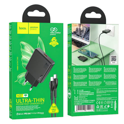 Nettlader med Lightning-kabel HOCO N37, 30W, 3A, 1 x USB-C, Svart