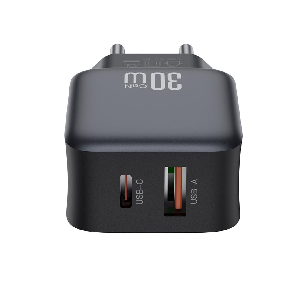 Nettlader med USB-C-kabel XO Design L156, 30W, 3A, 1 x USB-A - 1 x USB-C, Svart