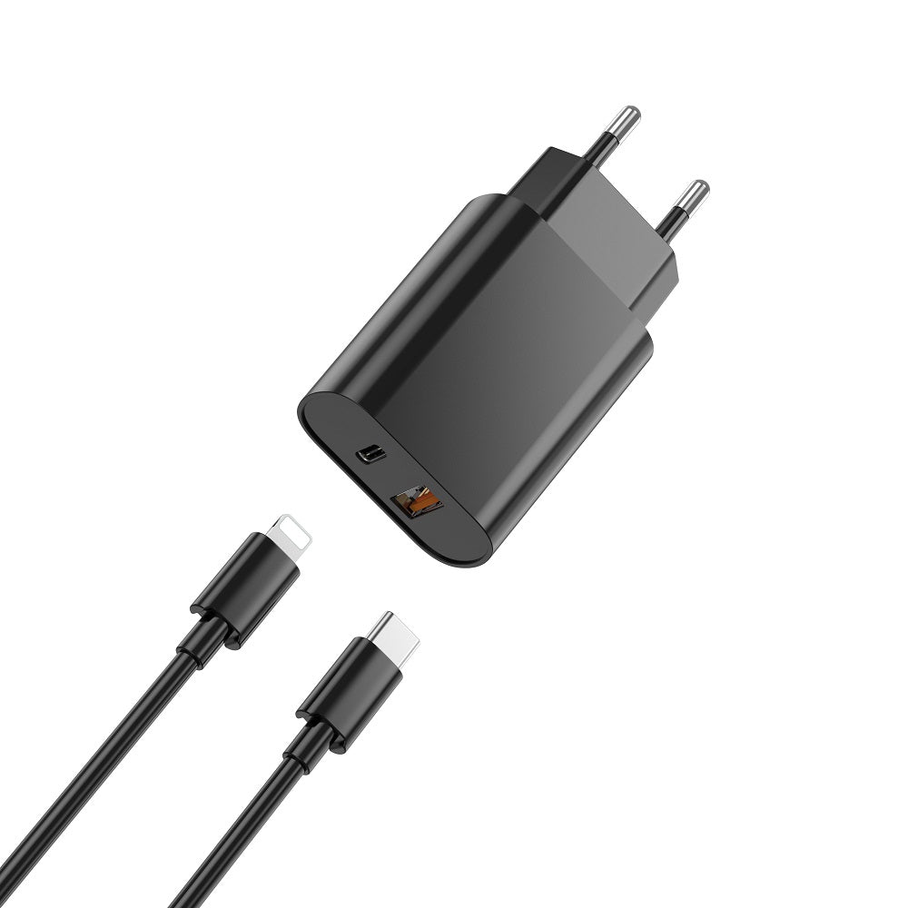 Nettlader med Lightning-kabel WiWu Wi-U002, 20W, 3A, 1 x USB-A - 1 x USB-C, Svart