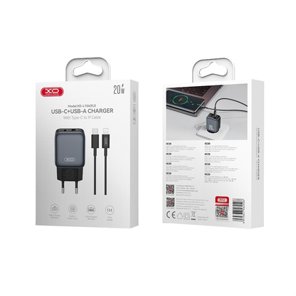 Nettlader med Lightning-kabel XO Design L154, 20W, 3A, 1 x USB-A - 1 x USB-C, Svart