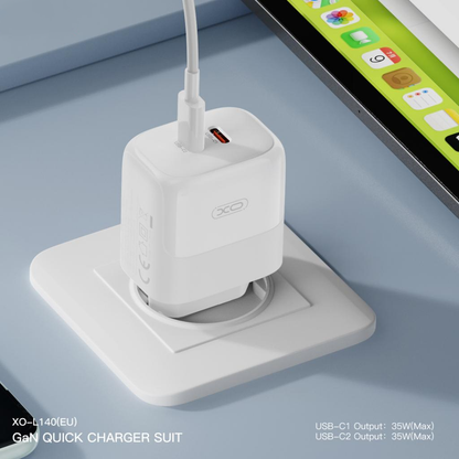 Nettlader med Lightning-kabel XO Design L140, 35W, 3A, 2 x USB-C, Hvit