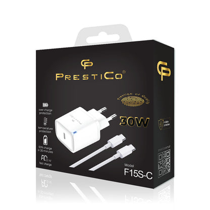 Nettlader med USB-C-kabel Prestico F15S-C, 30W, 3A, 1 x USB-C, Hvit
