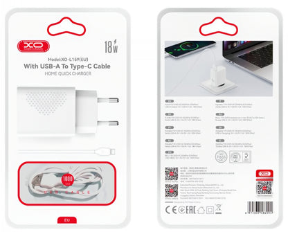 Nettlader med USB-C-kabel XO Design L159, 18W, 3A, 1 x USB-A, Hvit