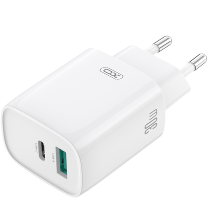 Nettlader med Lightning-kabel XO Design CE30, 30W, 3A, 1 x USB-A - 1 x USB-C, Hvit