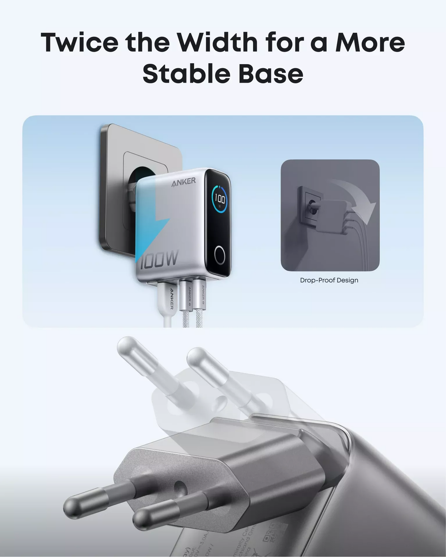 Nettlader med USB-C-kabel Anker Smart Display, 100W, 5A, 1 x USB-A - 2 x USB-C, Sølv B121BG41