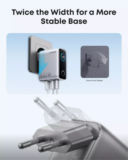 Nettlader med USB-C-kabel Anker Smart Display, 100W, 5A, 1 x USB-A - 2 x USB-C, Sølv B121BG41