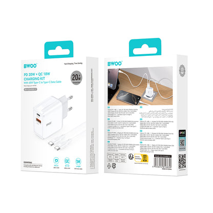 Nettlader med USB-C-kabel BWOO CDA182, 38W, 3A, 1 x USB-A - 1 x USB-C, Hvit