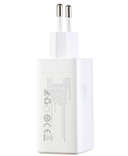 Nettlader med USB-C-kabel Joyroom JR-TG10, 65W, 3.25A, 1 x USB-A - 2 x USB-C, Hvit
