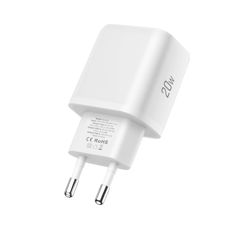 Nettlader med Lightning-kabel Tech-Protect NCA20, 20W, 3A, 1 x USB-A - 1 x USB-C, Hvit