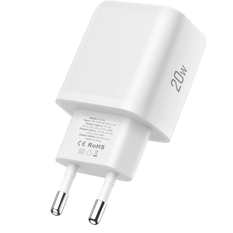 Nettlader med USB-C-kabel Tech-Protect NCA20, 20W, 3A, 1 x USB-A - 1 x USB-C, Hvit