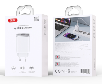 Nettlader med USB-C-kabel XO Design CE19, 18W, 3A, 1 x USB-A, Hvit
