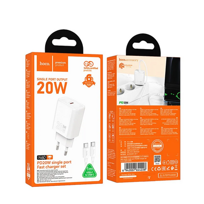 Nettlader med Lightning-kabel HOCO N60, 20W, 3A, 1 x USB-C, Hvit