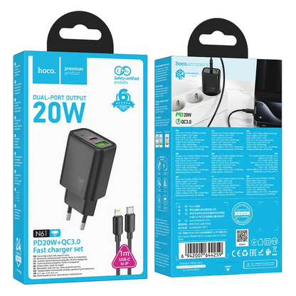 Nettlader med Lightning-kabel HOCO N61, 20W, 3A, 1 x USB-A - 1 x USB-C, Svart
