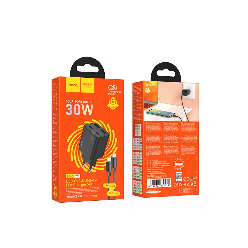 Nettlader med USB-C-kabel HOCO N56, 30W, 3A, 2 x USB-A - 2 x USB-C, Svart