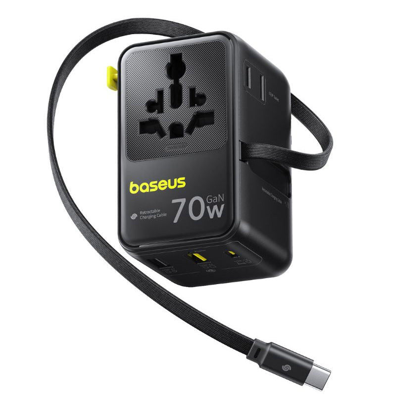 Baseus Travel EnerCore CG11 USB-C nettadapter med kabel, 70W, 2 x stikkontakt - 1 x USB-C - 2 x USB-A, svart E0307E00