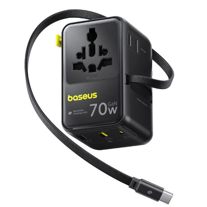 Baseus Travel EnerCore CG11 USB-C nettadapter med kabel, 70W, 2 x stikkontakt - 1 x USB-C - 2 x USB-A, svart E0307E00