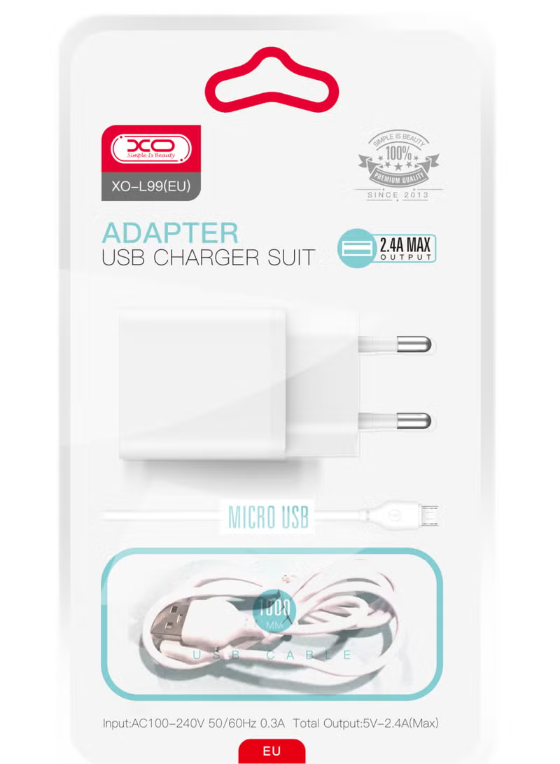 Nettlader med microUSB-kabel XO Design L99, 12W, 2.4A, 1 x USB-A, Hvit