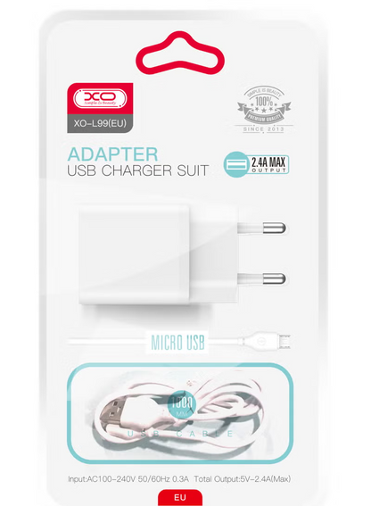 Nettlader med microUSB-kabel XO Design L99, 12W, 2.4A, 1 x USB-A, Hvit