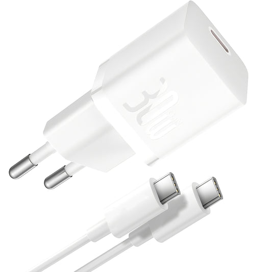 Baseus GaN5S nettverkslader med USB-C-kabel Baseus GaN5S, 30W, 3A, 1 x USB-C, hvit P1011090902213-00