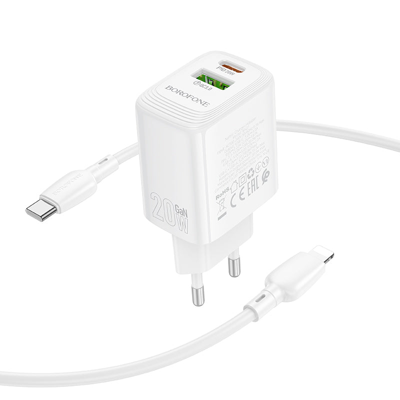 Nettlader med Lightning-kabel Borofone BN27 Fuente, 20W, 3A, 1 x USB-A - 1 x USB-C, Hvit
