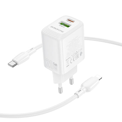Nettlader med Lightning-kabel Borofone BN27 Fuente, 20W, 3A, 1 x USB-A - 1 x USB-C, Hvit