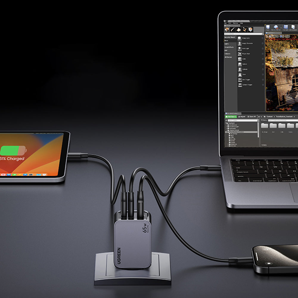 Nettlader med USB-C-kabel UGREEN X755 Nexode Pro, 65W, 3A, 1 x USB-A - 2 x USB-C, Grå