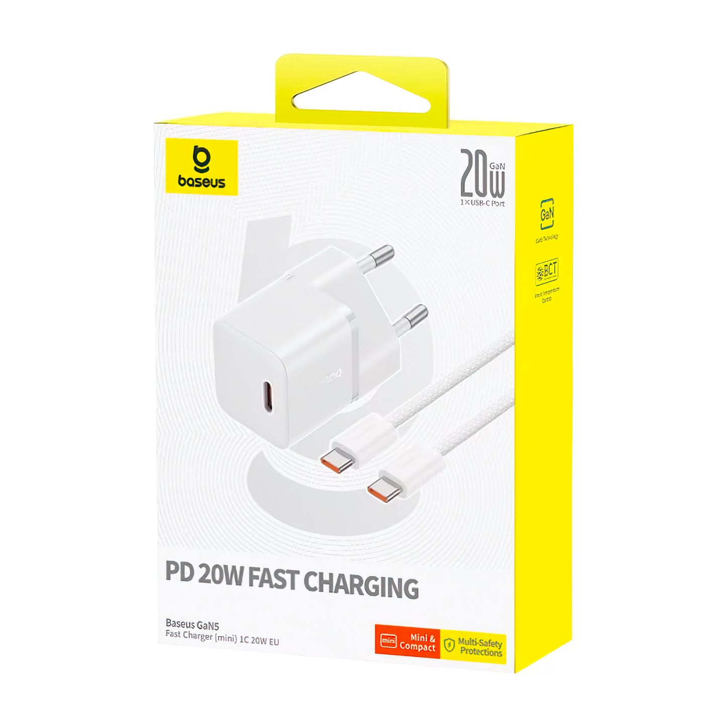 Nettlader med USB-C-kabel Baseus GaN5, 20W, 3A, 1 x USB-C, Hvit P10110900213-01