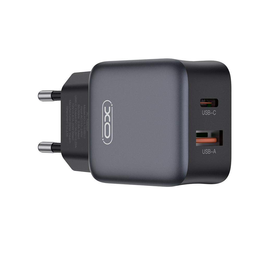 Nettlader med USB-C-kabel XO Design L156, 30W, 3A, 1 x USB-A - 1 x USB-C, Svart
