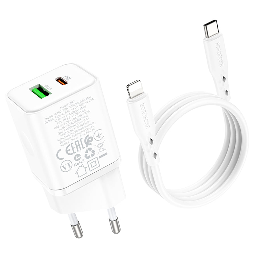 Nettlader med Lightning-kabel Borofone BN7, 20W, 3A, 1 x USB-A - 1 x USB-C, Hvit