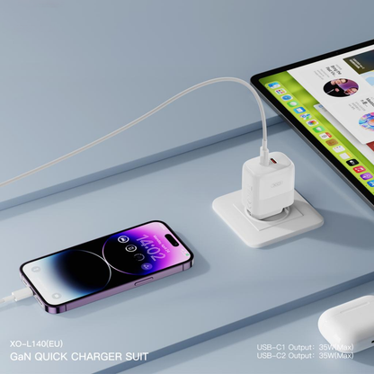 Nettlader med USB-C-kabel XO Design L140, 35W, 3A, 2 x USB-C, Hvit