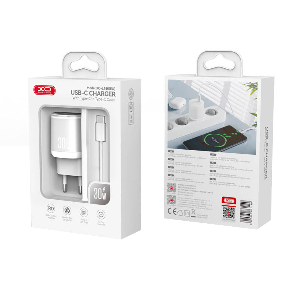 Nettlader med USB-C-kabel XO Design L150, 30W, 3A, 1 x USB-C, Hvit