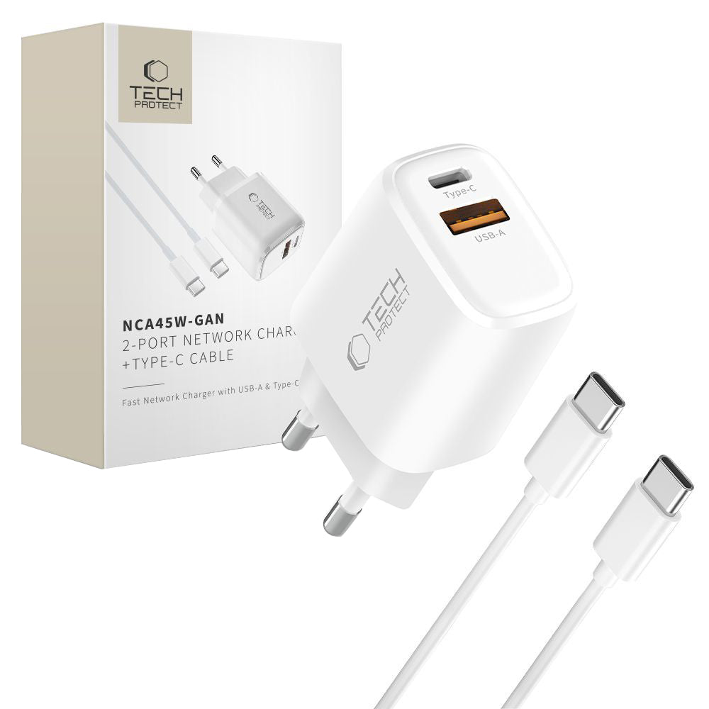 Nettlader med USB-C-kabel Tech-Protect NCA45W, 45W, 3A, 1 x USB-A - 1 x USB-C, Hvit