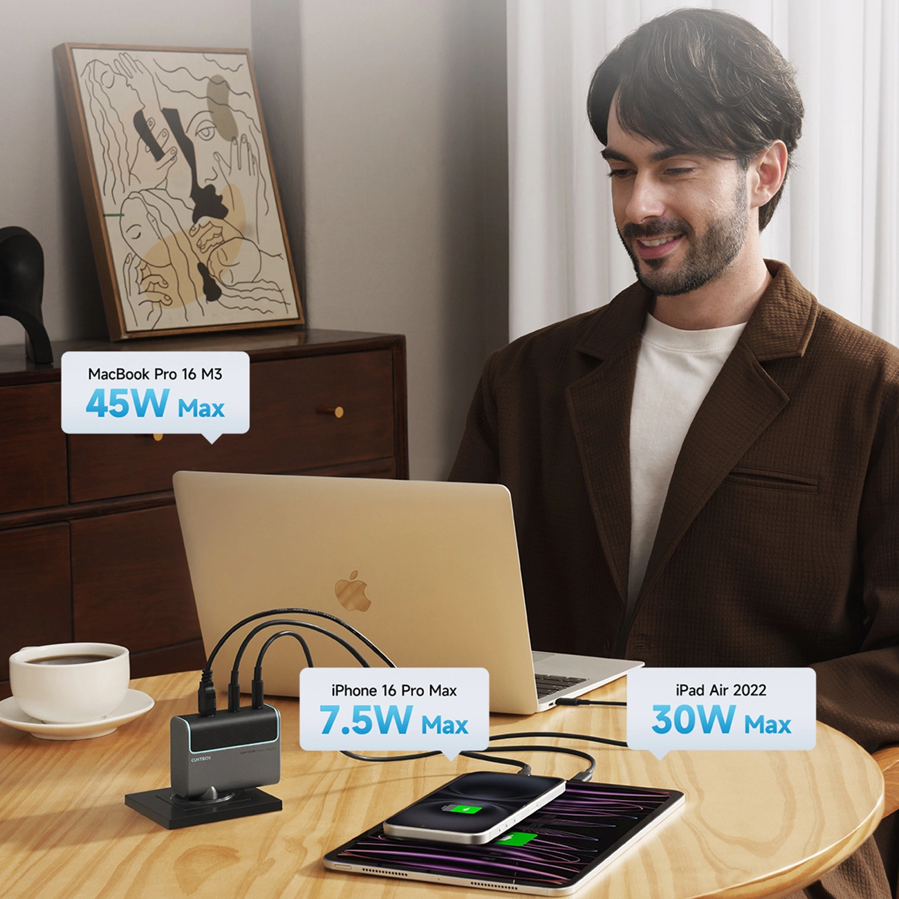 Nettlader med USB-C-kabel Cuktech, 100W, 5A, 1 x USB-A - 2 x USB-C, Grå CUKAD1003EUG