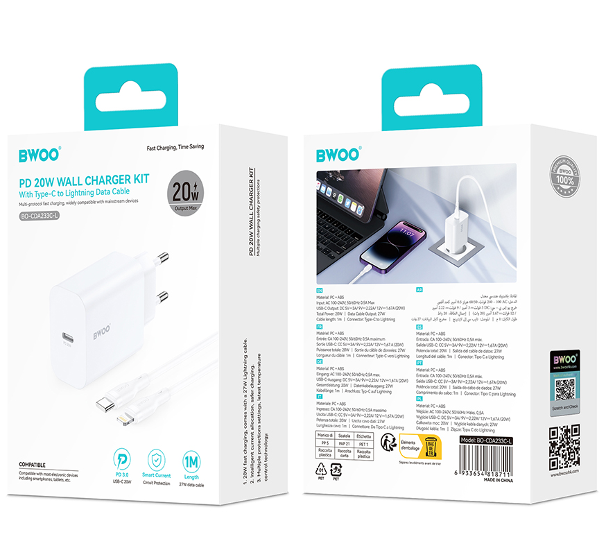 Nettlader med Lightning-kabel BWOO CDA233, 20W, 3A, 1 x USB-C, Hvit