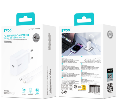 Nettlader med Lightning-kabel BWOO CDA233, 20W, 3A, 1 x USB-C, Hvit