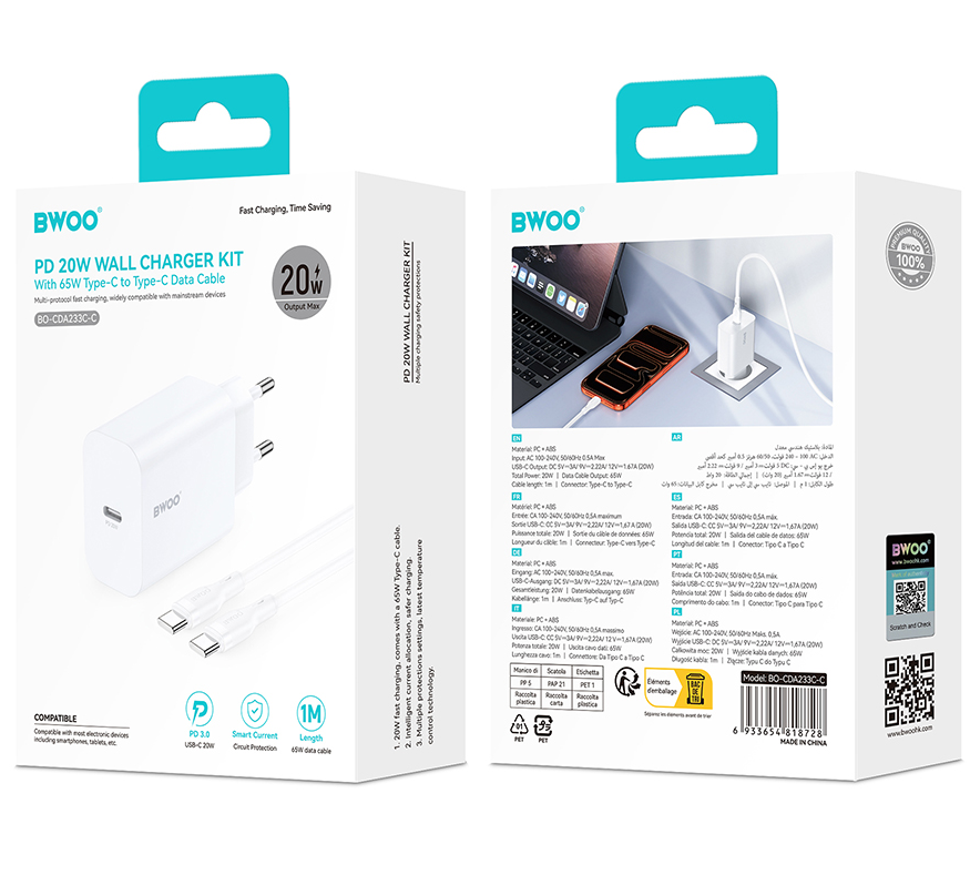 Nettlader med USB-C-kabel BWOO CDA233, 20W, 3A, 1 x USB-C, Hvit