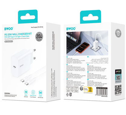 Nettlader med USB-C-kabel BWOO CDA233, 20W, 3A, 1 x USB-C, Hvit