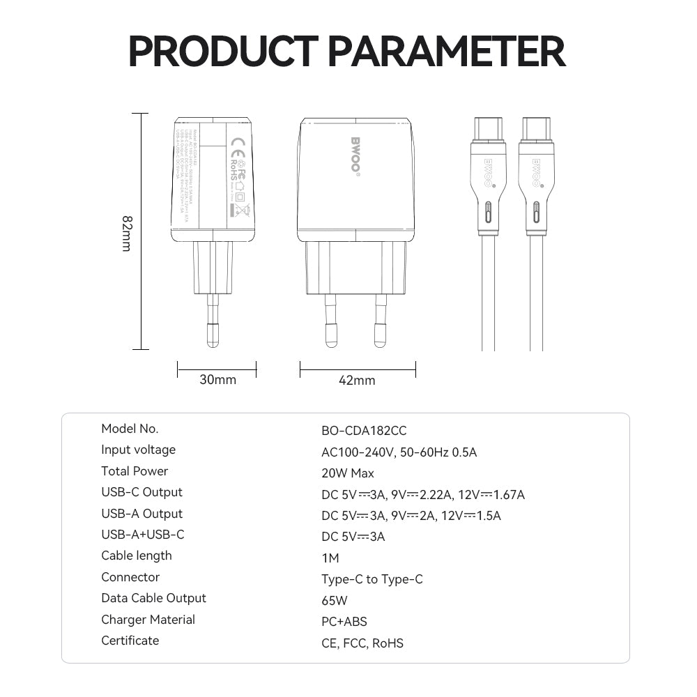 Nettlader med USB-C-kabel BWOO CDA182, 38W, 3A, 1 x USB-A - 1 x USB-C, Hvit