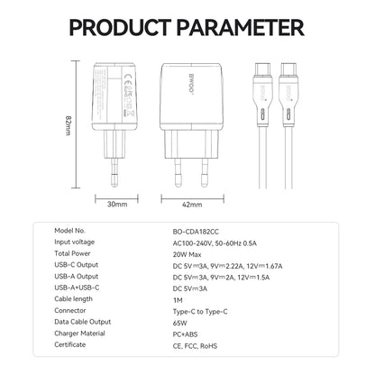 Nettlader med USB-C-kabel BWOO CDA182, 38W, 3A, 1 x USB-A - 1 x USB-C, Hvit