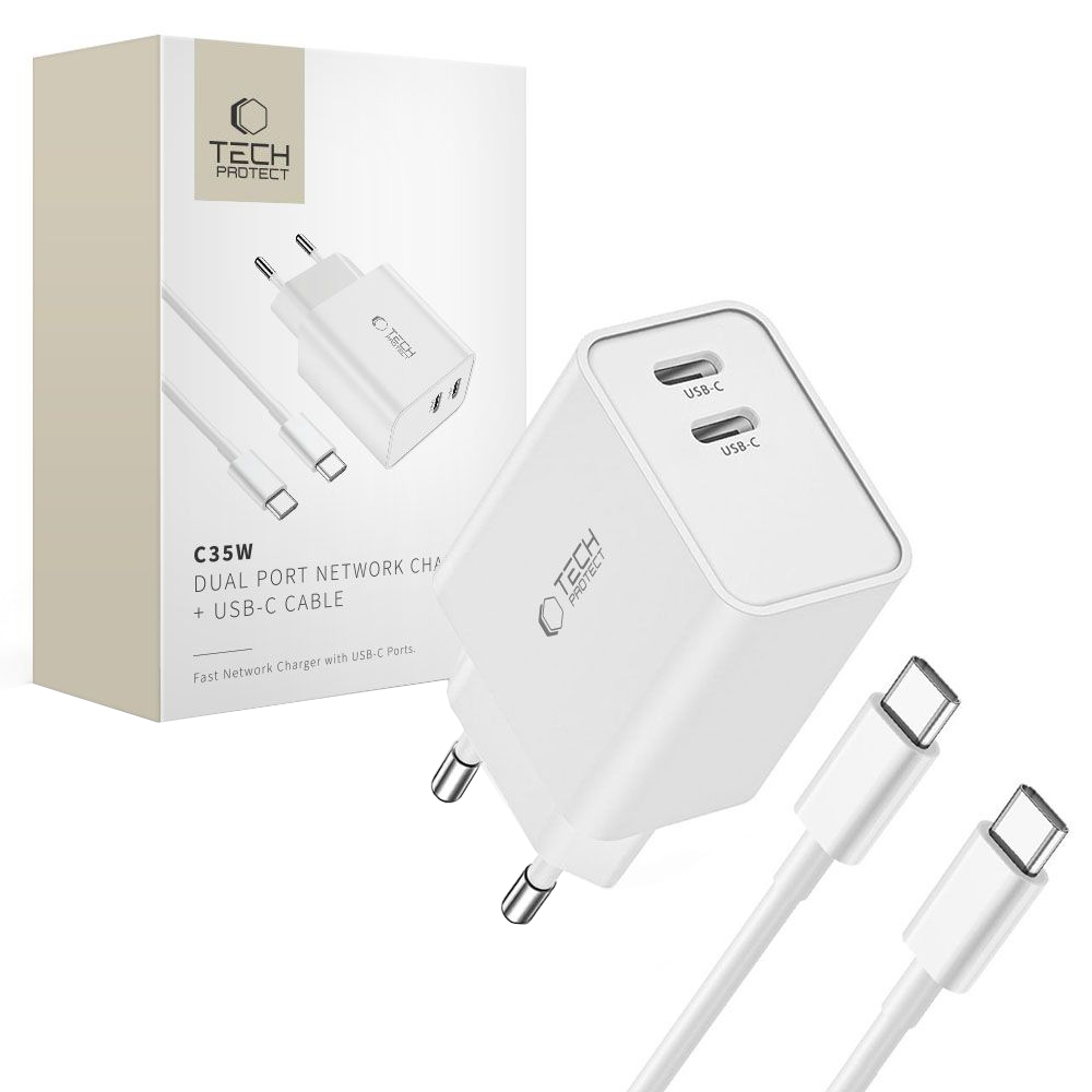 Nettlader med USB-C-kabel Tech-Protect C35W, 35W, 3A, 2 x USB-C, hvit