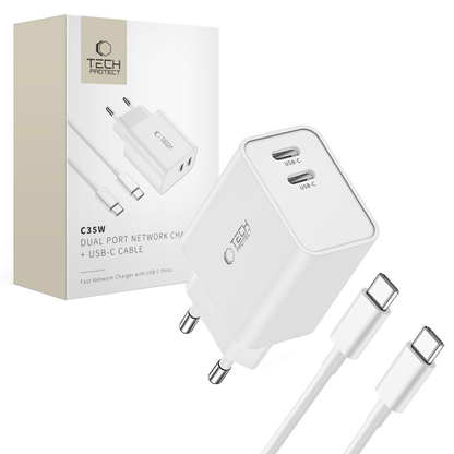 Nettlader med USB-C-kabel Tech-Protect C35W, 35W, 3A, 2 x USB-C, hvit